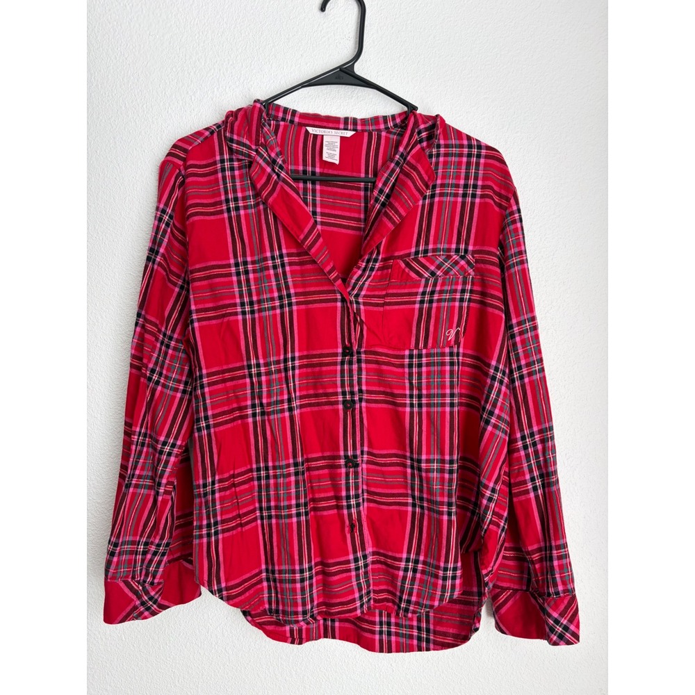 Victoria's Secret Red Pink Plaid Flannel Pajama‎ Top Button Down Sleep Shirt XS